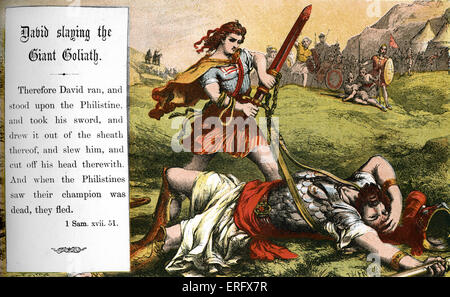 David terrassant le géant Goliath. 1 Samuel Chapitre XVII, verset 51 d'histoires de la Bible à l'époque victorienne des illustrations pour l'école du dimanche. Banque D'Images
