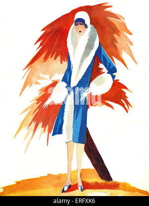 Le Miroir des modes Septembre 1927 Couverture du magazine de mode. Femme en manteau de fourrure garni, glvoes et chapeau cloche. Banque D'Images