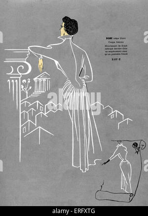 La mode française, robe en crêpe blanc design/ Robe crêpe blanc. Pour la fin des années 1940. L'aspect arrière montrant la robe coupée dans un kimono Banque D'Images