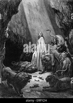 Daniel dans la fosse aux lions ' den : "Mon Dieu a envoyé son ange et fermé la gueule des lions, qu'ils n'ont pas me blesser" (Daniel 6 : 22, King James Version). Dessiné par Gustave Doré, artiste français, b 6 Janvier 1832 - Le 23 janvier 1883. Gravée par Piaud. Banque D'Images