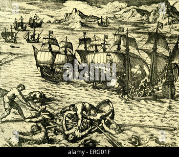 Le français et l'espagnol aventuriers combats dans les mers du Sud.Fin du 16e - 17e siècle, les marins déserteurs cherchant leur Banque D'Images