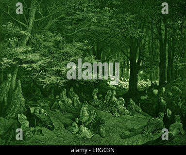 Sous les arbres, Regent's Park, Londres. Gravure de Gustave Doré. Hommes, femmes et enfants assis sous les arbres avec Flock Banque D'Images