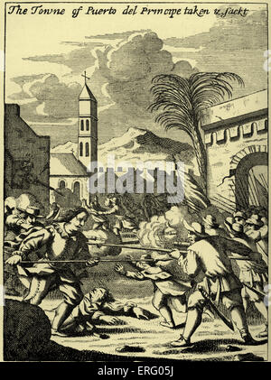 La ville de Puerto del Principe prises & sackt', gravure. Le corsaire gallois, Sir Henry Morgan, la capture et piller Puerto del Principe, (aujourd'hui Camagüey, Cuba). HM : corsaires célèbres dans les Caraïbes dans les années 1660 et 1670, né c. 1635 - 1688/ 9 ( ?) Banque D'Images