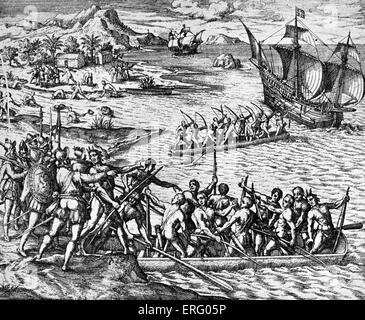 'Une attaque par les indiens', La Herradura, gravure. Les Espagnols et les Indiens de Sir Francis Drake attaque les hommes dans la baie de la Banque D'Images