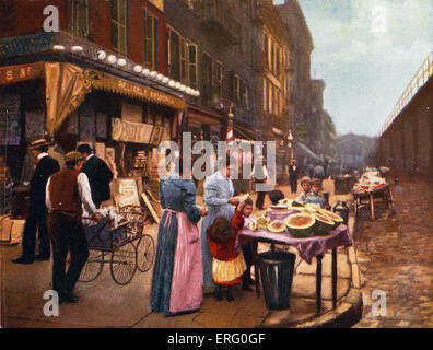 Lower East Side, New York, années 1890 avec passants en flânant dans les rues, boutiques et échoppes de Barrow. Sous-titre suivant : Banque D'Images