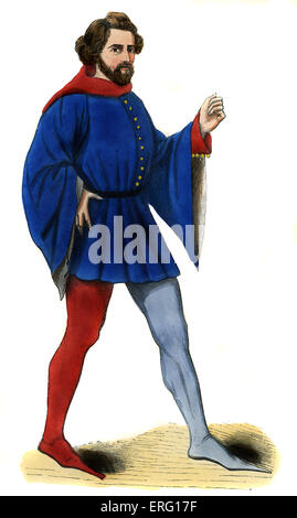 Jeune Français - costume du 14ème siècle, illustré portant une ceinture soubreveste bleue avec manches longues décorées avec des boutons de différentes couleurs et des jambières, une jambe bleu et un rouge. Bearded. c. 1847, peinte à la main copie de français à partir d'une miniature du manuscrit du 14e siècle Le roman de la rose. Banque D'Images