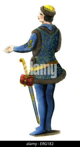 Costume chevalier allemand d'Lower-Rhine - 15ème siècle, illustré wearing cap, fourrure sans manches bleu tunique, de couleur vermillon Banque D'Images