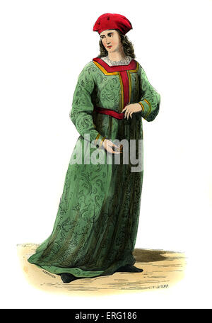 Seigneur à la cour d'Henri VI (1421 - 1471), roi d'Angleterre - costume masculin du 15e siècle. Illustré portant brodé vert menthe Banque D'Images