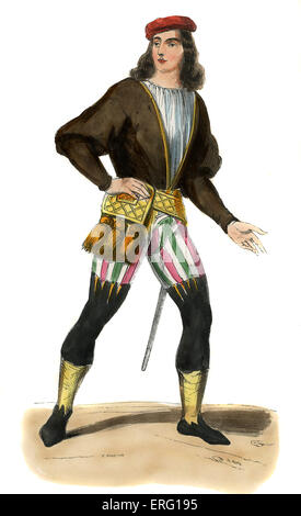 Monsieur en règne de Henri VII, roi d'Angleterre (1457 - 1509) - costume de la fin du 15e siècle. Le port d'un doublet, à rayures multicolores pantalon court, une tête rouge et a un sac d'argent brodé d'or autour de la taille. c. 1847 copie peinte à la main de l'art du 15e siècle (Pannemaker) Banque D'Images