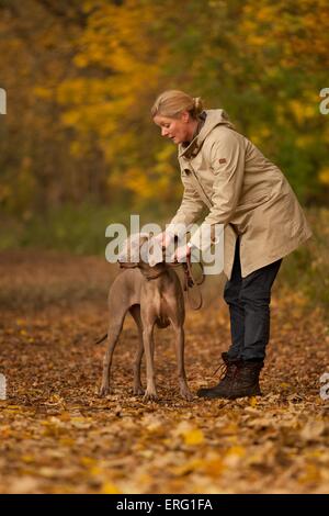 Femme aux cheveux courts avec le Braque Banque D'Images