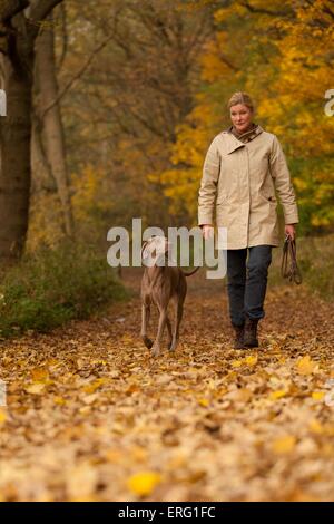 Femme aux cheveux courts avec le Braque Banque D'Images