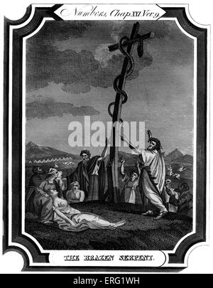 Le Serpent d'airain. Moïse érige un serpent en laiton, ou Nehustan, pour protéger ces mordu par une invasion de serpents. Chap XXI, numéros, verset 9 : "Et Moïse fit un serpent d'airain, et le mit sur une perche ; et il arriva que, lorsqu'un serpent avait mordu un homme, lorsqu'il regardait le serpent d'airain, il vivait." Gravure de T O Barlow 1824 -1889. Banque D'Images