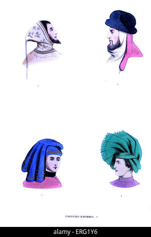 14e siècle - les hommes 's hats. En haut à gauche : brodé blanc capuche avec liripipe, en haut à droite : coiffure en vertu de black hat Banque D'Images