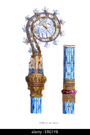 L' évêque crozier en détail, décorés avec de l'or et la fleur de lys sur la poignée - 13e siècle. c. 1847, peinte à la main copie Banque D'Images