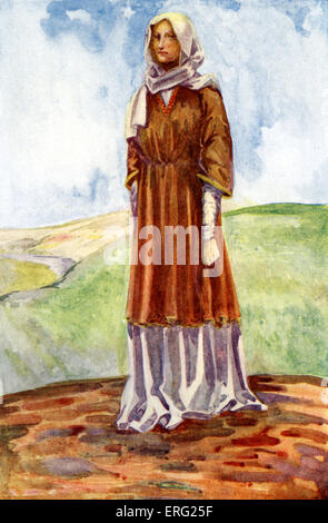 Costume de femme au règne de Guillaume I (1066- 1087). Portant une chemise en laine brune avec robe décolleté brodé et Banque D'Images