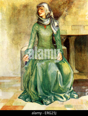 Costume de femme au règne de Guillaume II (1087- 1100). Assis, vêtu d'une robe verte et blanche guimpe. Illustré et écrit par Dion Clayton Calthrop, 1875 - 1937 (1907). Banque D'Images