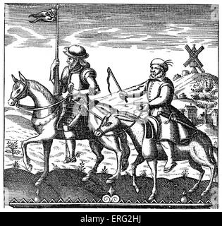 Don Qiixote et Sancho Panza équitation du roman de Miguel de Cervantes. Moulin en arrière-plan. Page de titre à un original Banque D'Images
