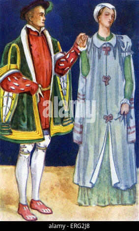 Le couple costume au règne d'Édouard VI (1547- 1553). L'homme porte un nuage-shouldered jerkin et doublet avec open et chocs Banque D'Images