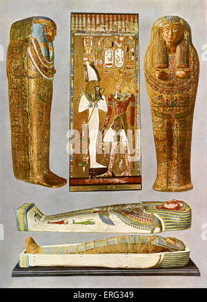 Fresque égyptienne et sarcophages peints. Gauche : le sarcophage d'une femme de Thèbes ; centre : Roi Seihos je devant Osiris ; à droite : un sarcophage du prêtre ; en dessous : maman et le sarcophage d'une femme de très prisées. Banque D'Images