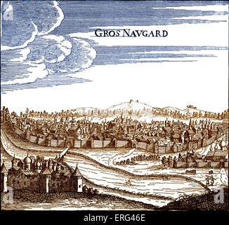 Grand Novgorod, Russie vu de l'autre côté de la rivière Volhov. À partir de 'Arnhold von' marque Voyages', Wesel, 1702. Version teintée. Banque D'Images