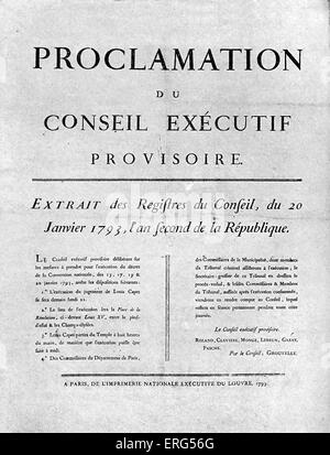 Plaque de commande pour l'exécution de Louis XVI. Le roi Louis XVI a été jugé par la Convention nationale, trouvé coupable de trahison, Banque D'Images