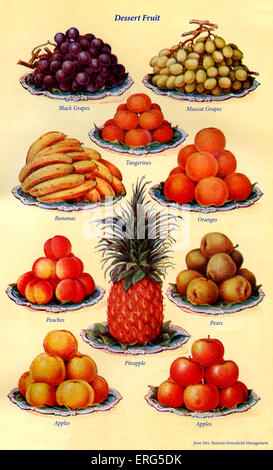 Mme Beeton, livre de cuisine - dessert fruits (de 1 à 10) : le raisin noir, raisins Muscat, mandarines, bananes, oranges, pêches, Banque D'Images