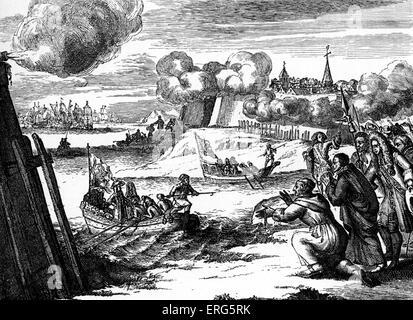 James II à l'atterrissage à Kinsale, 1690. Ville dans le comté de Cork, Irlande. Roi d'Angleterre et l'Irlande (Jacques VII d'Écosse), le 14 octobre 1633 - 16 septembre 1701. Publié Source Amsterdam,1690. Banque D'Images