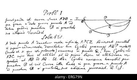 Isaac Newton's solution au problème de l'Brachistrochone courbe, ou la courbe de descente la plus rapide. Physicien anglais et Banque D'Images