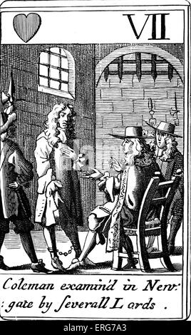 Edward Colman examiné par lords d'un jeu de carte conçu par le peintre et graveur anglais, William Faithorne en 1684. Le sous-titre suivant "sondages Coleman'd dans Newgate par severall Lords'. Colman a pendus, écartelés pour trahison, après avoir été impliqué dans le complot papiste fictif créé par Titus Oates. Anglais : ce courtisan et martyr Catholique, 17 mai 1636 - 3 décembre, 1678 Banque D'Images