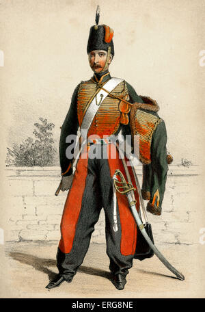 Hussard : membre du 19e siècle, la cavalerie légère dans l'armée française - ici à pied. Hussards appartenait à des troupes d'élite avec un Banque D'Images