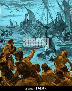 Invasion romaine de Bretagne - illustration au début du xxe siècle. L'atterrissage sur la côte du Kent. Invasion commandée par Jules César en 55 av. J.-C. - considérées soit comme un échec de mission ou une mission de reconnaissance. Gaius Julius Caesar, général et homme d'état militaire romain, ch. 13 juillet 100 avant J.-C. - 15 mars 44 av. Banque D'Images