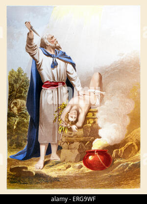 Abraham offrant Isaac. Illustration de livre de la Genèse, 22. 10 -13. Chromolithographie par Kronheim plaque. Banque D'Images