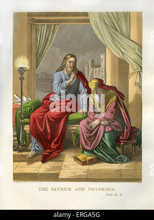 Jésus et Nicodème - illustration de John, 3.2. Nicodème était un pharisien et membre du sanhédrin qui a montré pour, Banque D'Images