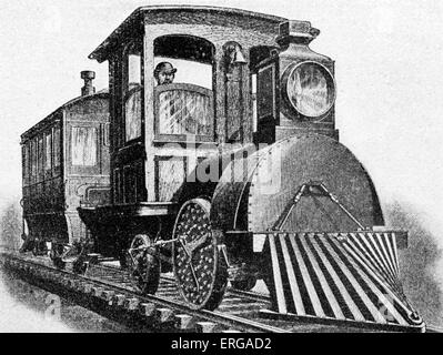 Locomotive électrique par Edison, 1880. La voie positive et donner charge négative. Thomas Alva Edison, inventeur américain, Banque D'Images