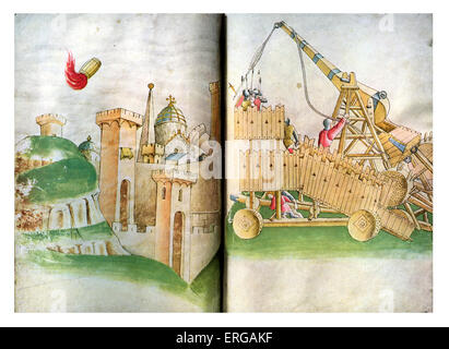 Assiégeant une ville fortifiée au 16ème siècle. Double page d'un manuscrit (probablement du 16e siècle) montrant la méthode de Banque D'Images