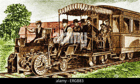Locomotive électrique modifié par Edison, 1882. Thomas Alva Edison, inventeur américain, scientifique et homme d'affaires (11 février Banque D'Images