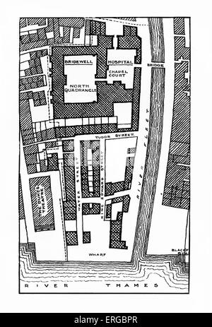 Plan d'aménagement de Bridewell Prison et Hospital de Londres. Créé en 1556 par la ville de Londres, sur l'emplacement de Bridewell Palace. Fermé Banque D'Images