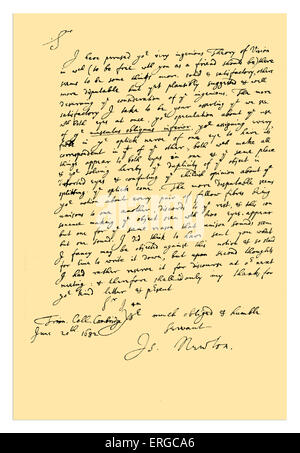 Manuscrit : lettre de Sir Isaac Newton à William Briggs, saluant sa "nouvelle théorie de la Vision", mais de certains de dissidents Banque D'Images