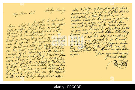 Manuscrit : lettre, écrite lors de premier Lord du Trésor, par Sir Robert Walpole à Thomas Pelham Holles, concernant l'affaire John Huggins, fin Directeur de la prison de la flotte. Huggins a été poursuivi par l'ordre de la Chambre des communes pour la cruauté envers les prisonniers. Sans date, c.1730 (Huggins a par la suite été jugé pour meurtre à l'Old Bailey sur plusieurs occcasions). Signature : Sir Robert Walpole. Homme d'État britannique du parti Whig et premier lord du Trésor, 26 août 1676 - 18 mars 1745. Source : British Museum. Banque D'Images