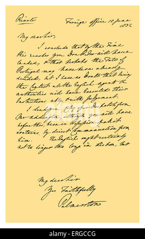 Manuscrit : lettre de Henry John Temple, en tant que secrétaire d'État aux Affaires étrangères, à R. B. Hoppner, représentant britannique à Lisbonne. L'écriture à partir du bureau à l'étranger, il traite de la marche à suivre par les sujets britanniques dans le cas d'un déclenchement des hostilités sur le débarquement de Don Pedro, et y joint une copie d'une dépêche du Henry Addington, un ministre à Madrid. 18 juin 1832. Signature : Palmerston. Homme d'État britannique, deux fois premier ministre de Grande-Bretagne, 20 octobre 1784 - 18 octobre 1865. Source : British Museum. Banque D'Images