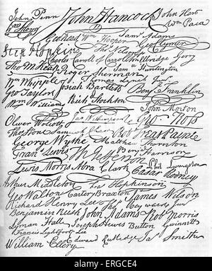 Signatures à la Déclaration de l'Indépendance américaine, 4 juillet 1776. A montré que les 13 colonies américaines se sont considérés Banque D'Images