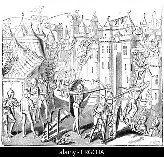 D'assaut un fort - 12e siècle. Avec Canon et archers ordre croissant un mur de château. De la gravure d'après manuscrit lumineux Banque D'Images