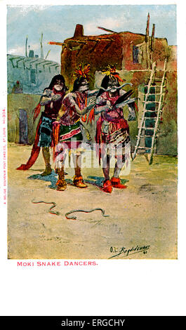 Serpent de Moki danseurs. Les hommes Indiens Hopi prenant part à une danse du serpent. Publié par le Souvenir Selige Post Card Co., St. Louis, Banque D'Images