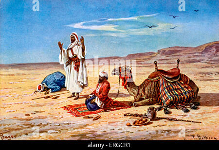 Les Arabes musulmans en prière dans le désert. À l'aide de tapis de prière. Illustration par Friedrich Perlberg, ch. 1910. Banque D'Images
