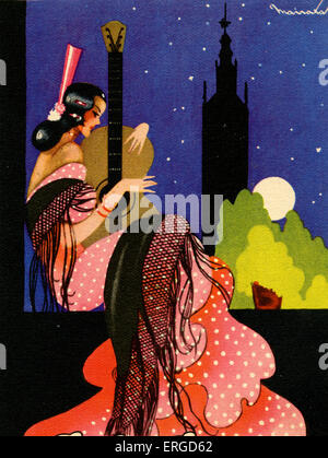 Jeune femme espagnole en costume traditionnel jouant une guitare classique. Derrière elle est la pleine lune et la silhouette d'une église. Banque D'Images