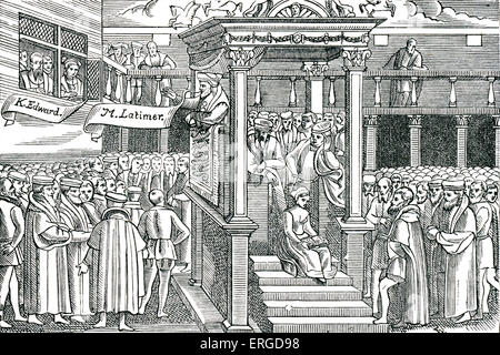Latimer prêche avant Edward VI. À partir d'une gravure sur bois en Foxe's 'martyrs', 1563. Hugh Latimer, évêque de Worcester, membre de Clare College, Cambridge et aumônier de la King Edward VI : c. 1487 - 16 octobre 1555. Banque D'Images
