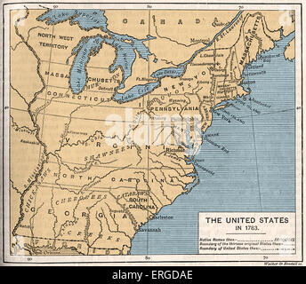 Plan de post-indépendance, United States, 1783. Affiche les 13 premiers États, les frontières et les noms de lieu. Banque D'Images