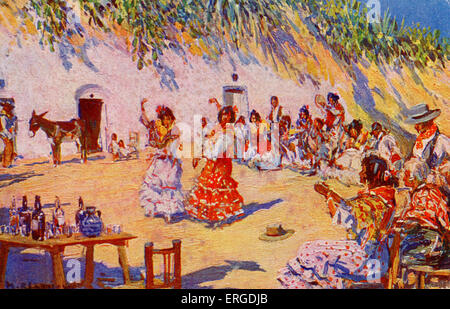 Zambra gitana fêtes). Rassemblement de gitans espagnols montre à danser et jouer de la musique. Illustration par Mariano Bertuchi, artiste espagnol : 6 février 1884 - 20 juin 1955. Banque D'Images