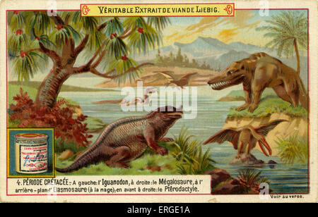 Périodes géologiques. Publié 1892. Période du Crétacé ('période crétacée'). Traduction : 'Iguanadon : Gauche, Droite : Megalosaurus, en arrière-plan : Elasmosaurus (natation) ; l'avant-droite : Ptérodactyle.' ('A gauche : l'Iguanadon, à droite : le Mégalosaure, à l'arrière-plan : l'Elasmosaure (à la nage) ; en avant à droite : le Ptérodactyle.'). Cartes à collectionner Liebig Company série. Banque D'Images