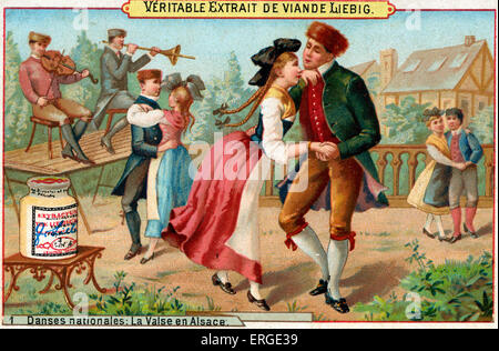 La Valse alsacienne. Sous-titre suivant : 'La Valse en Alsace". Série de cartes Liebig : Danses nationales (1889). Banque D'Images